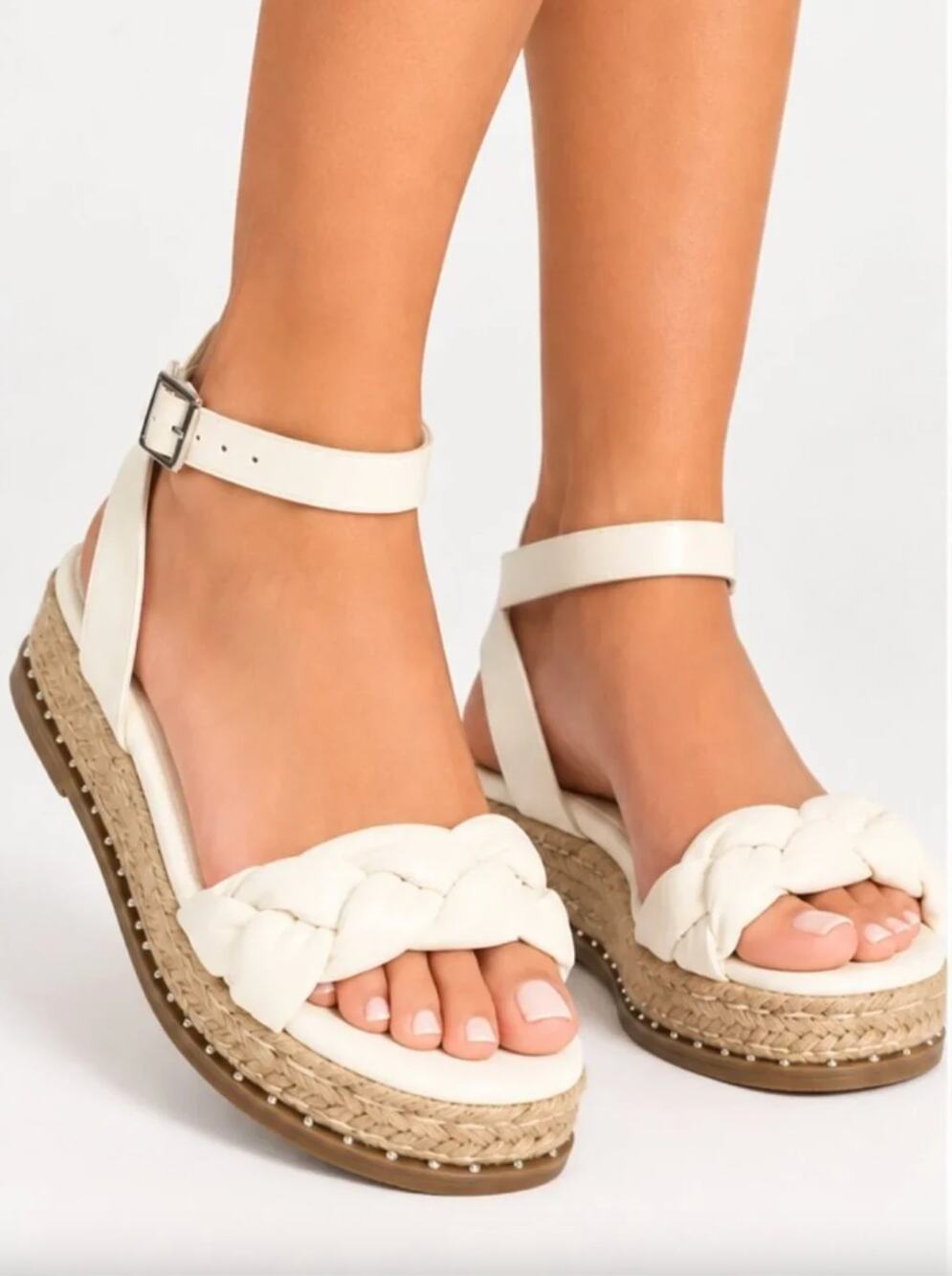 PrettyLittleThing White Braided Espadrille Platform Sandals Ankle Womens US 7